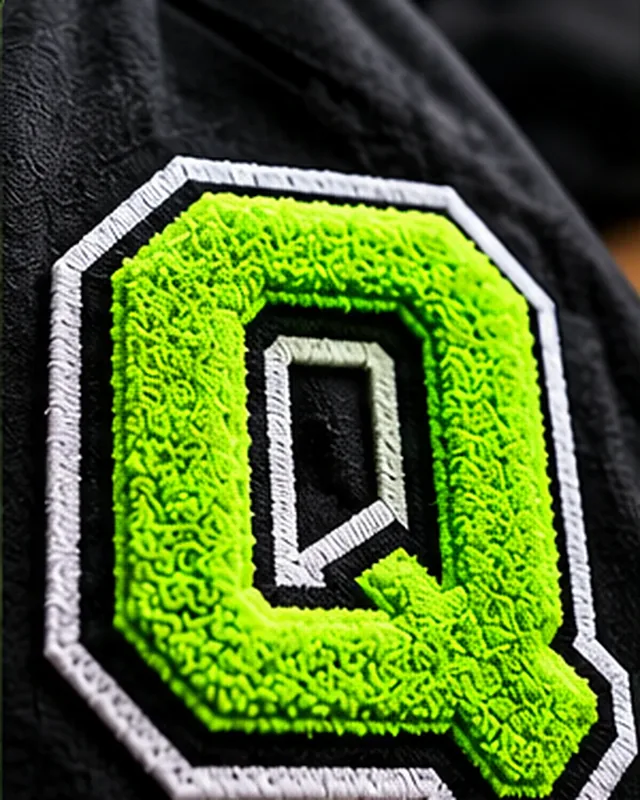 Green chenille varsity letter Q with plush yarn texture and white felt outline