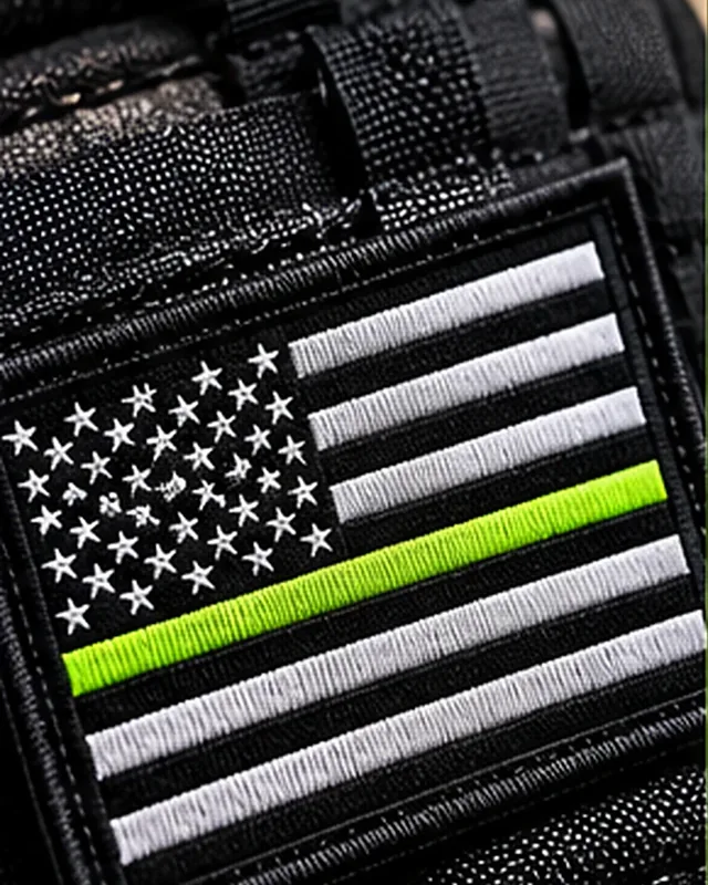 Woven patch of a black and white American flag with a green stripe, showing fine thread detail