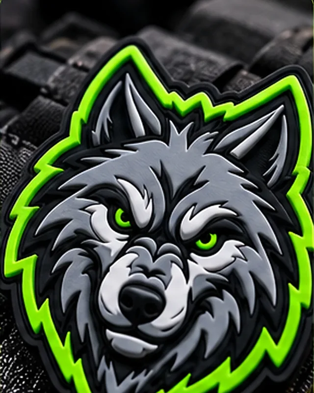 3D PVC patch of a gray wolf head with raised layered details and a green outline